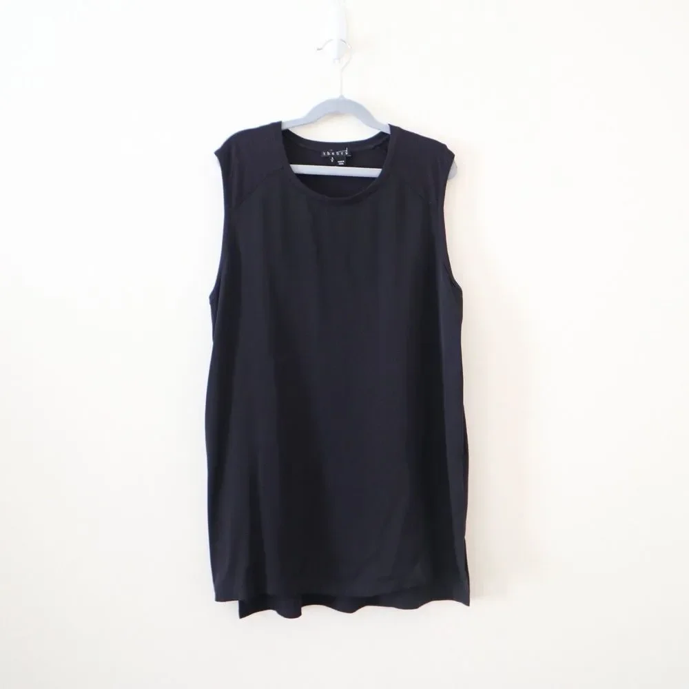 Theory Size S Roliet Modern Silk Satin & Jersey Mixed Tank Top Navy Blue Black